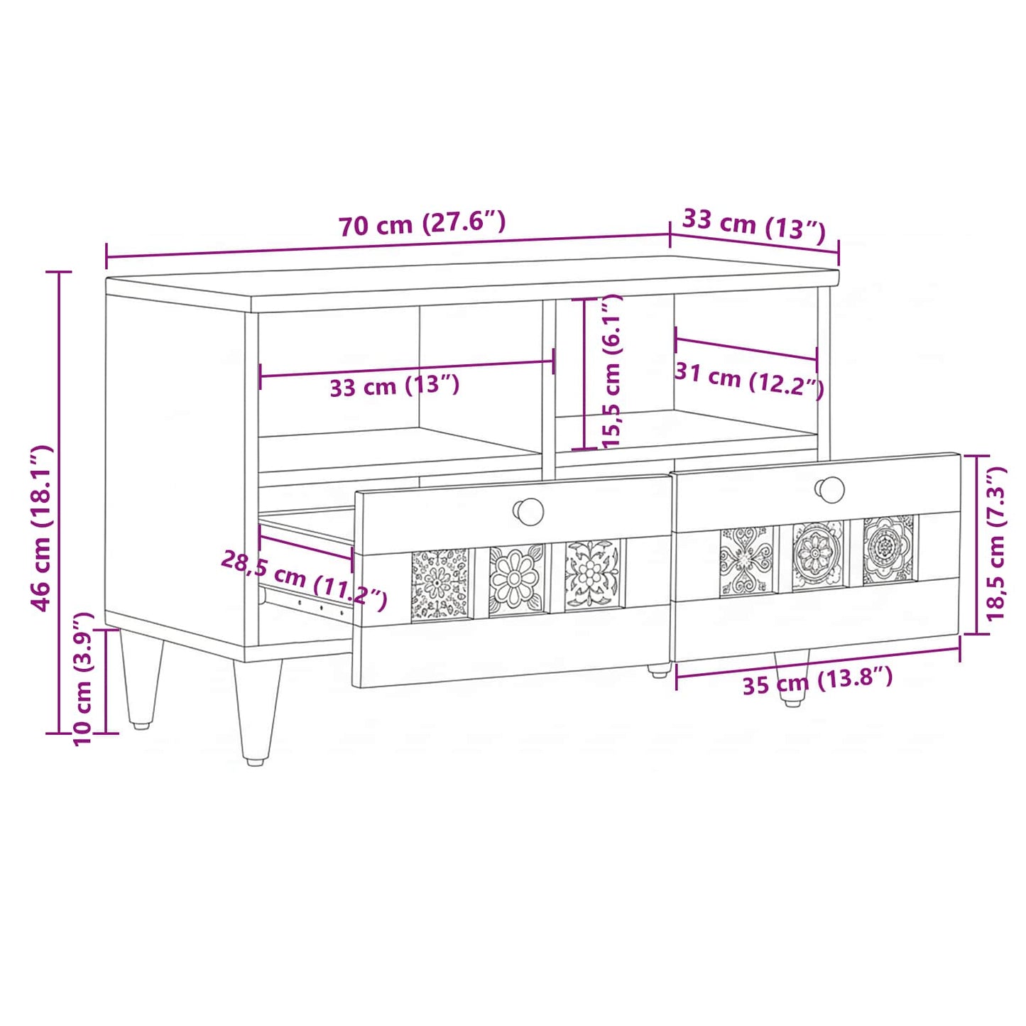 vidaXL TV Cabinet with Drawer Natural 70 x 33 x 46 cm Solid Mango Wood