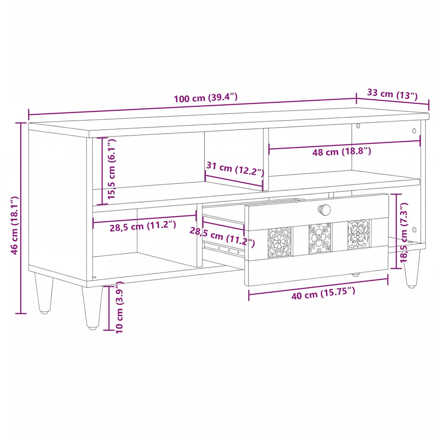 vidaXL TV Cabinet with Shelf Natural 100 x 33 x 46 cm Solid Mango Wood