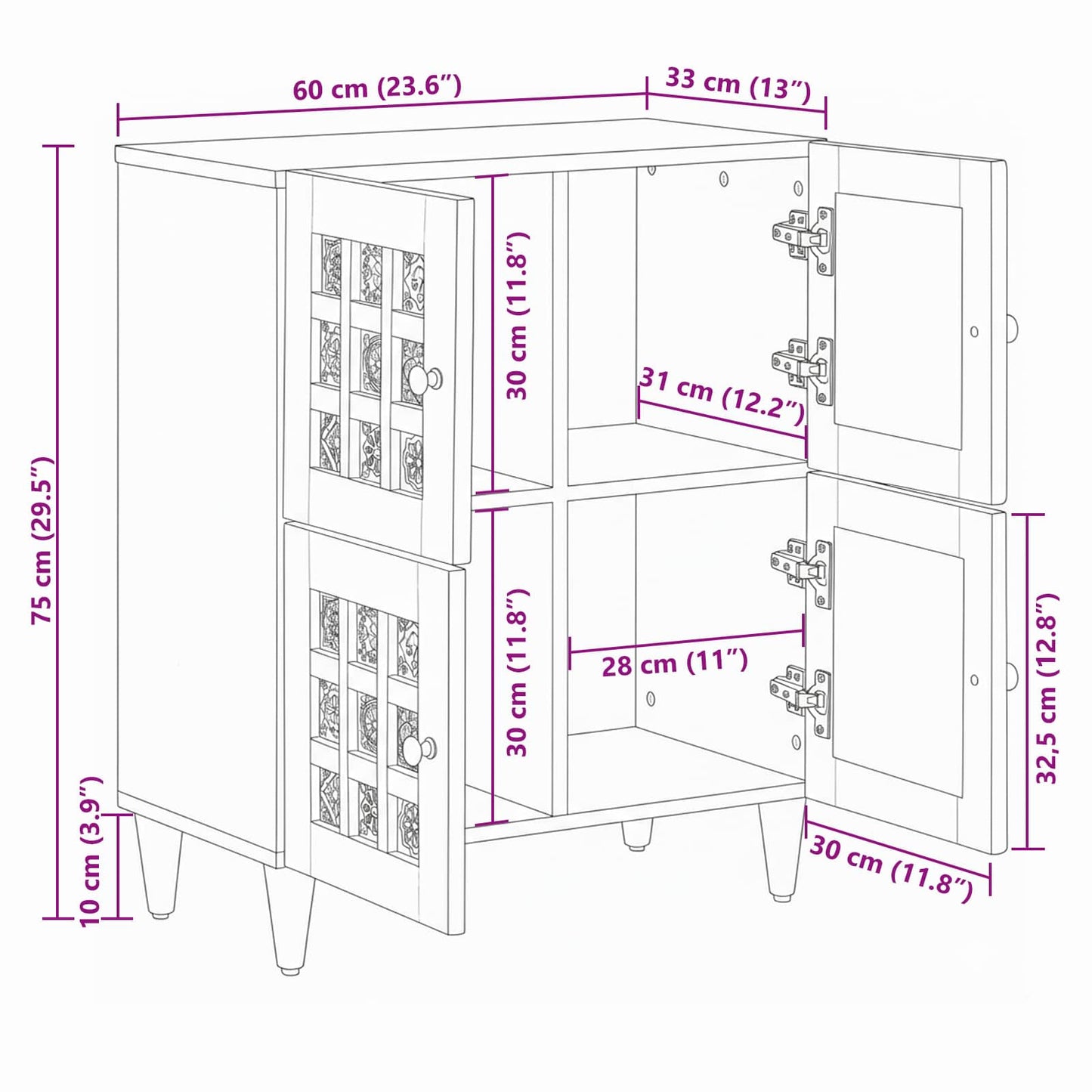 vidaXL Sideboard with Storage Natural 60 x 33 x 75 cm Solid Mango Wood