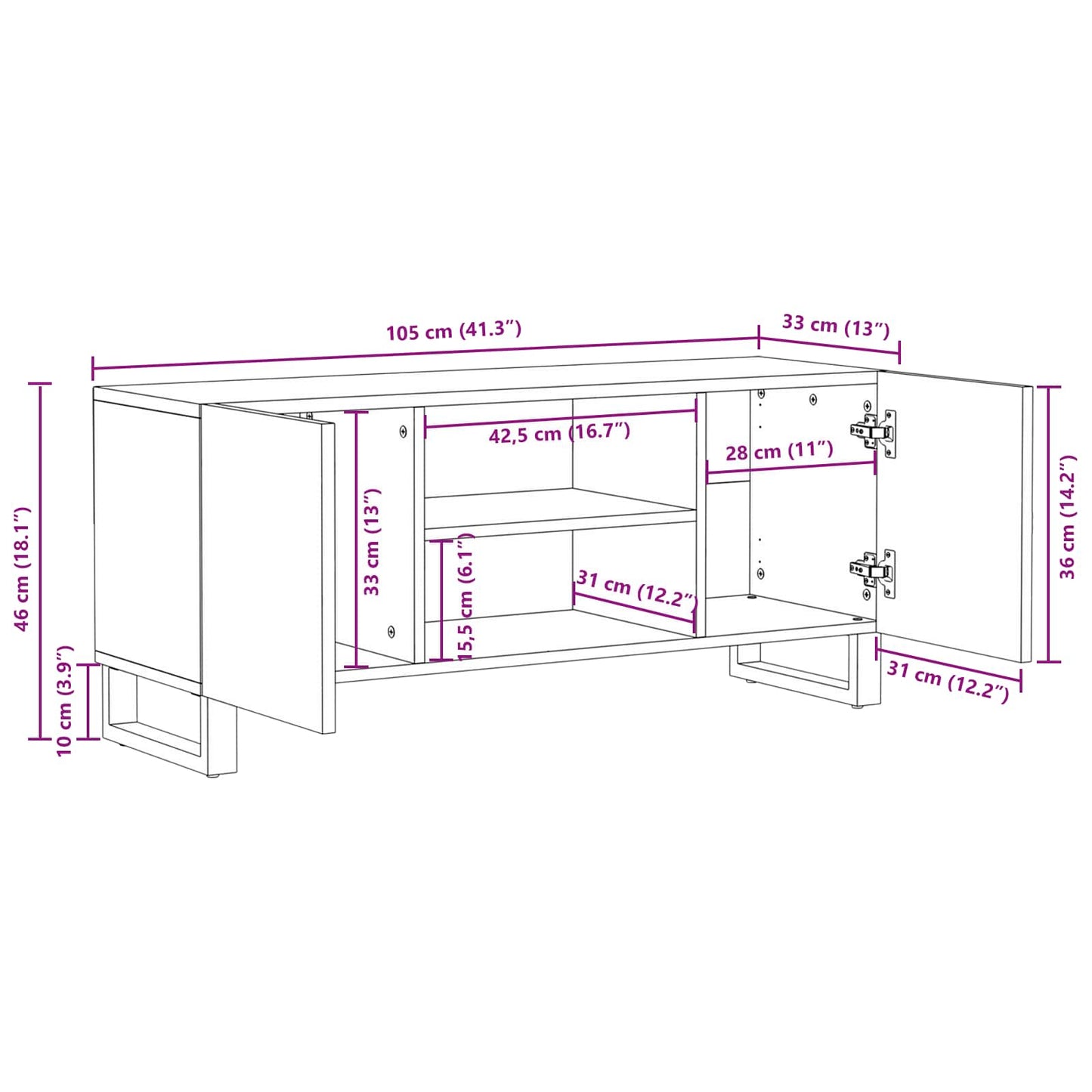 vidaXL TV Cabinet with Storage Brown 105 x 33 x 46 cm Solid Mango Wood