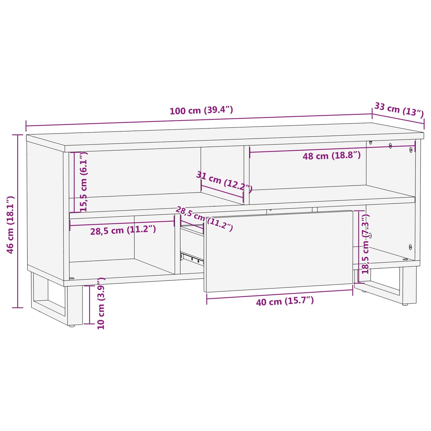 vidaXL TV Cabinet with Drawer Brown 100 x 33 x 46 cm Solid Mango Wood