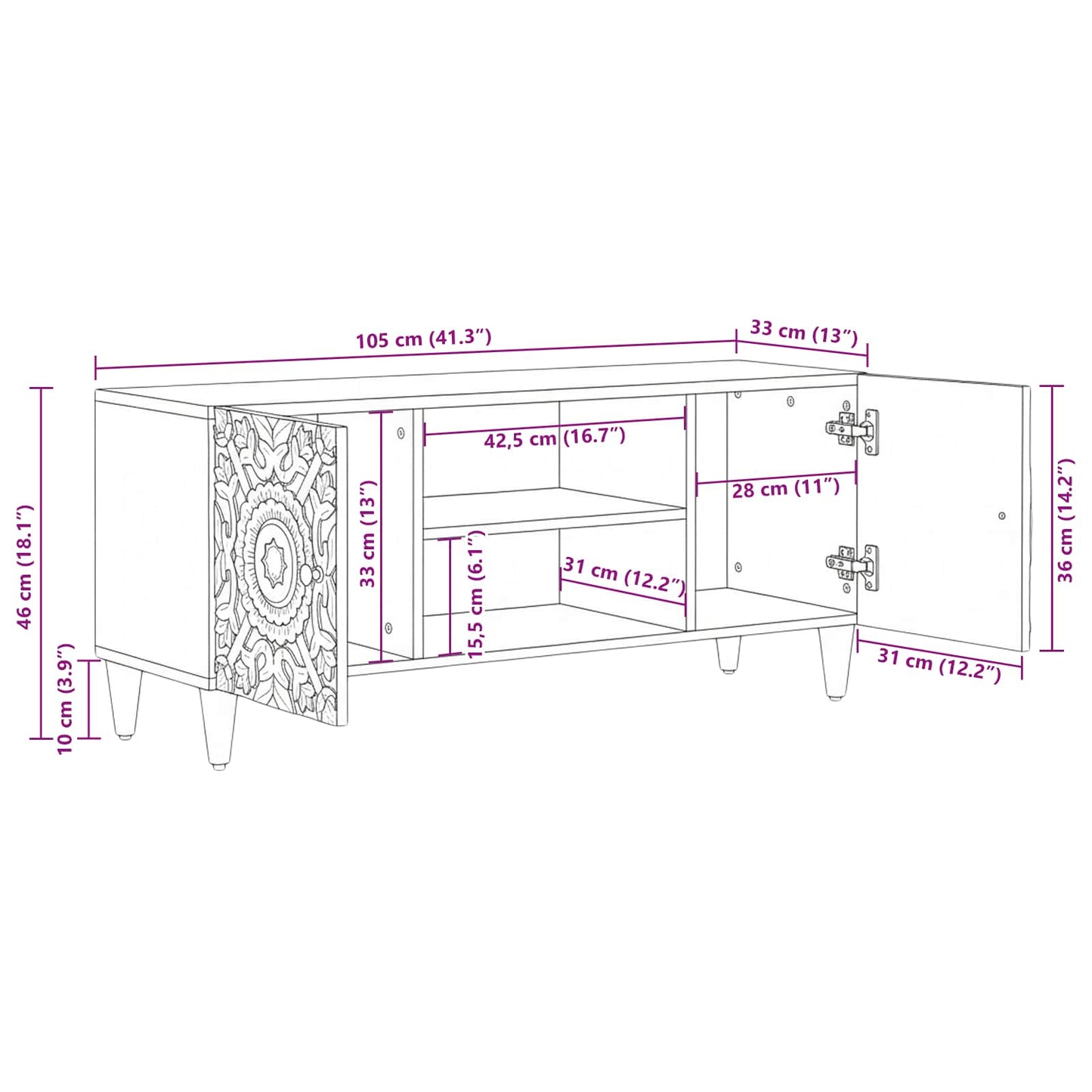 vidaXL TV Cabinet Brown 105 x 33.5 x 46 cm Solid Mango Wood