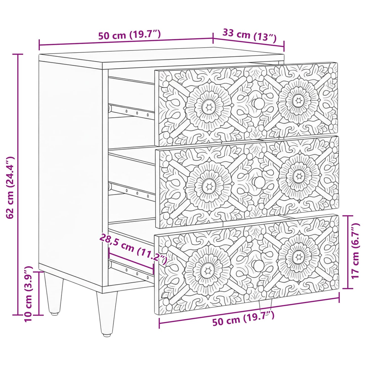 vidaXL Bed cabinet with Drawer Brown 50 x 33 x 60 cm Solid Mango Wood