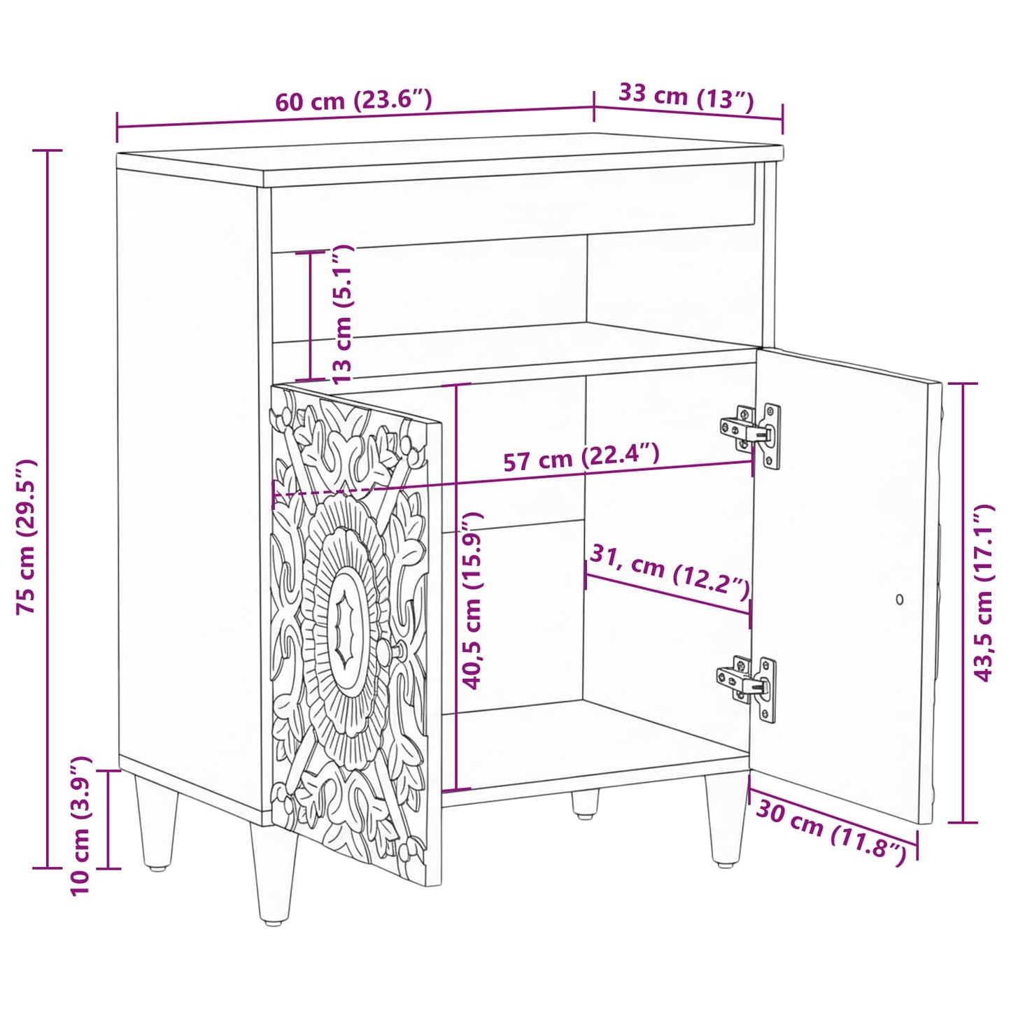 vidaXL Sideboard with Storage Brown 60 x 33.5 x 75 cm Solid Mango Wood