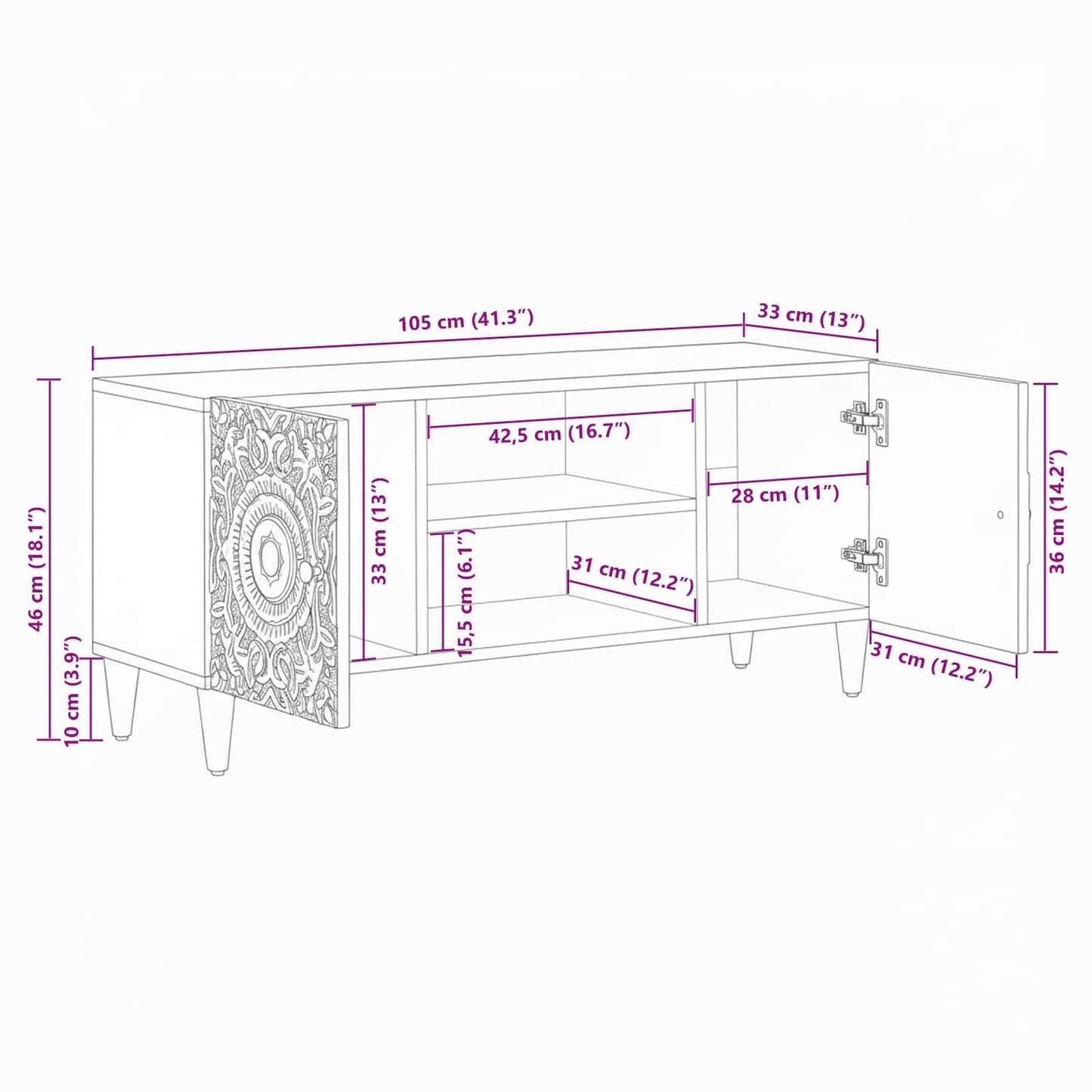 vidaXL TV Cabinet White 105 x 33.5 x 46 cm Solid Mango Wood