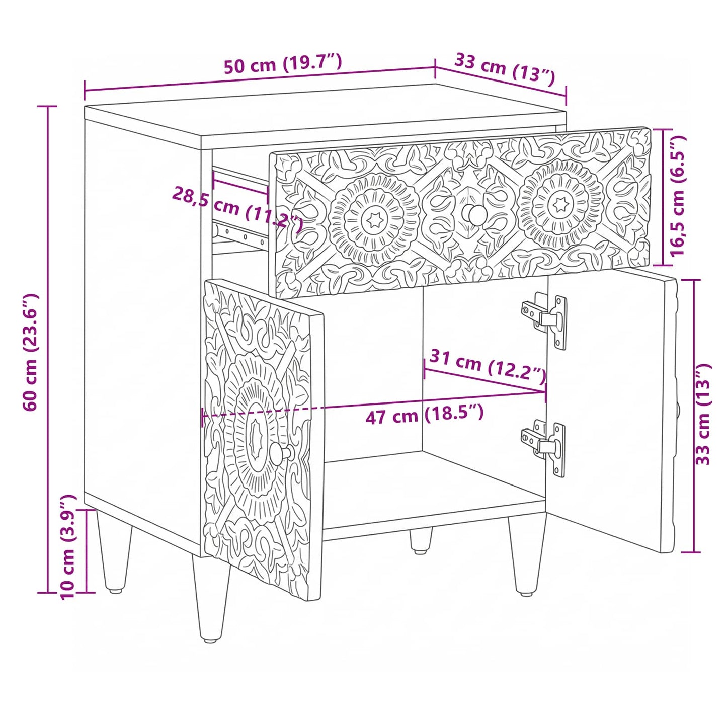 vidaXL Bed cabinet with Drawer White 50 x 33 x 60 cm Solid Mango Wood