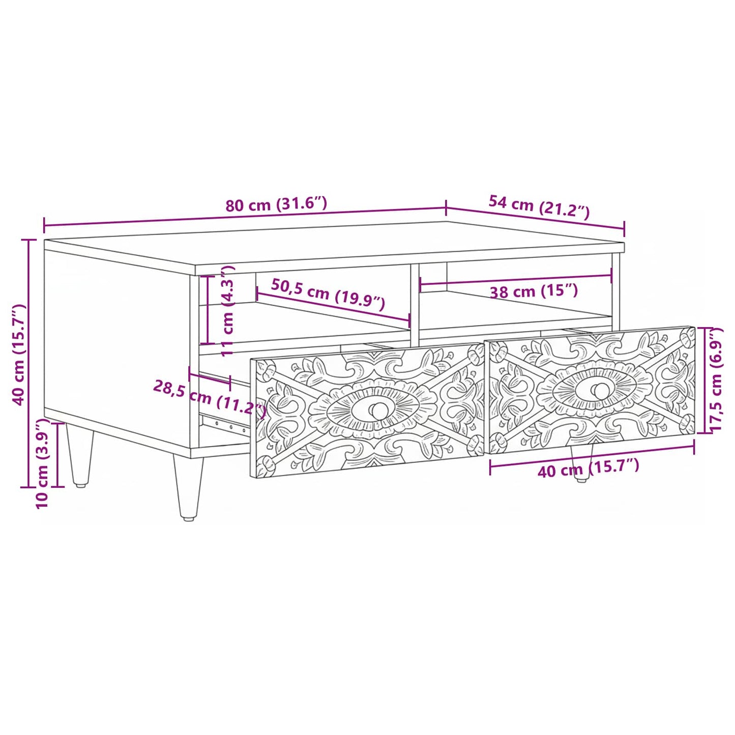 vidaXL Coffee Table with Drawer White 80 x 54 x 40 cm Solid Mango Wood