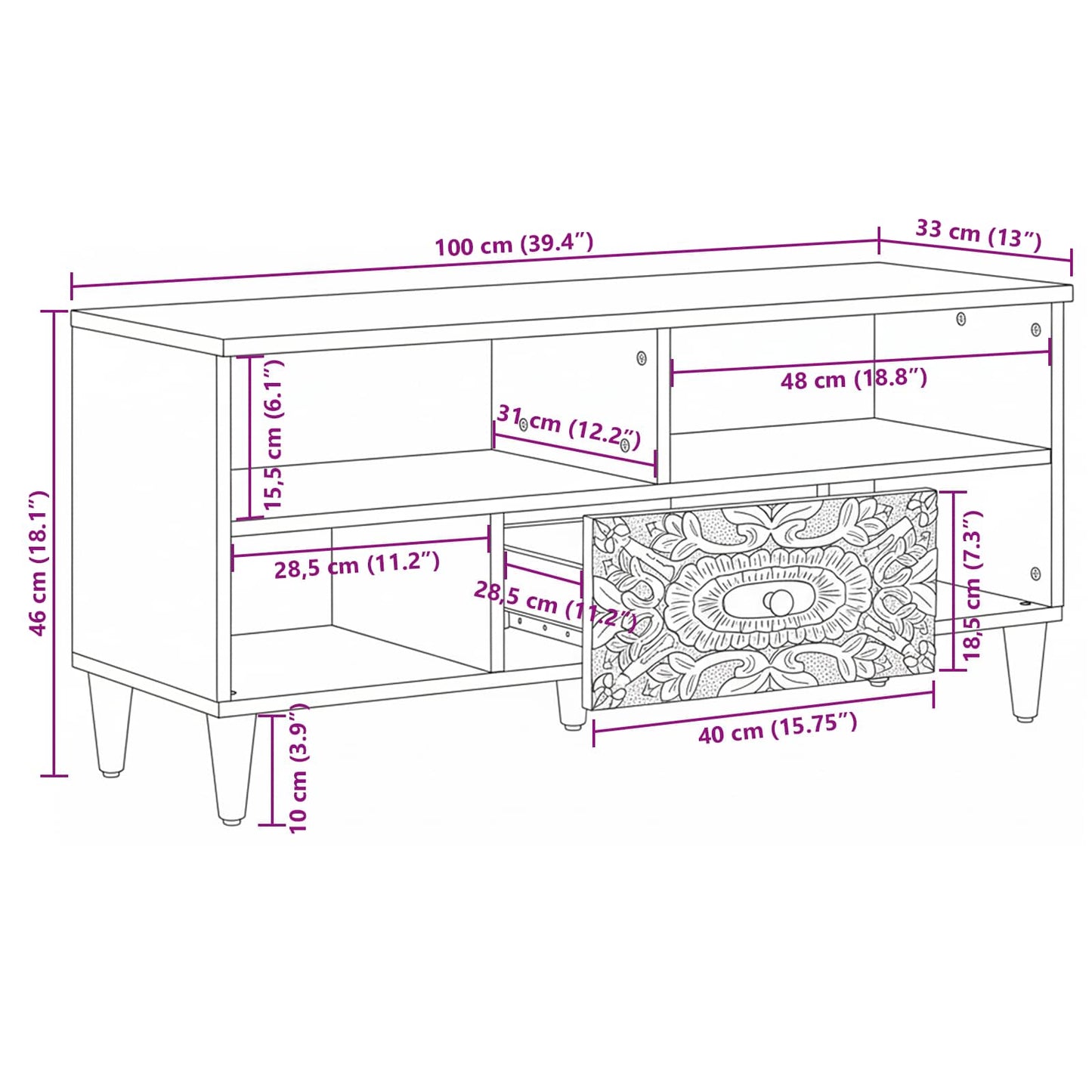 vidaXL TV Cabinet with Shelf White 100 x 33.5 x 46 cm Solid Mango Wood