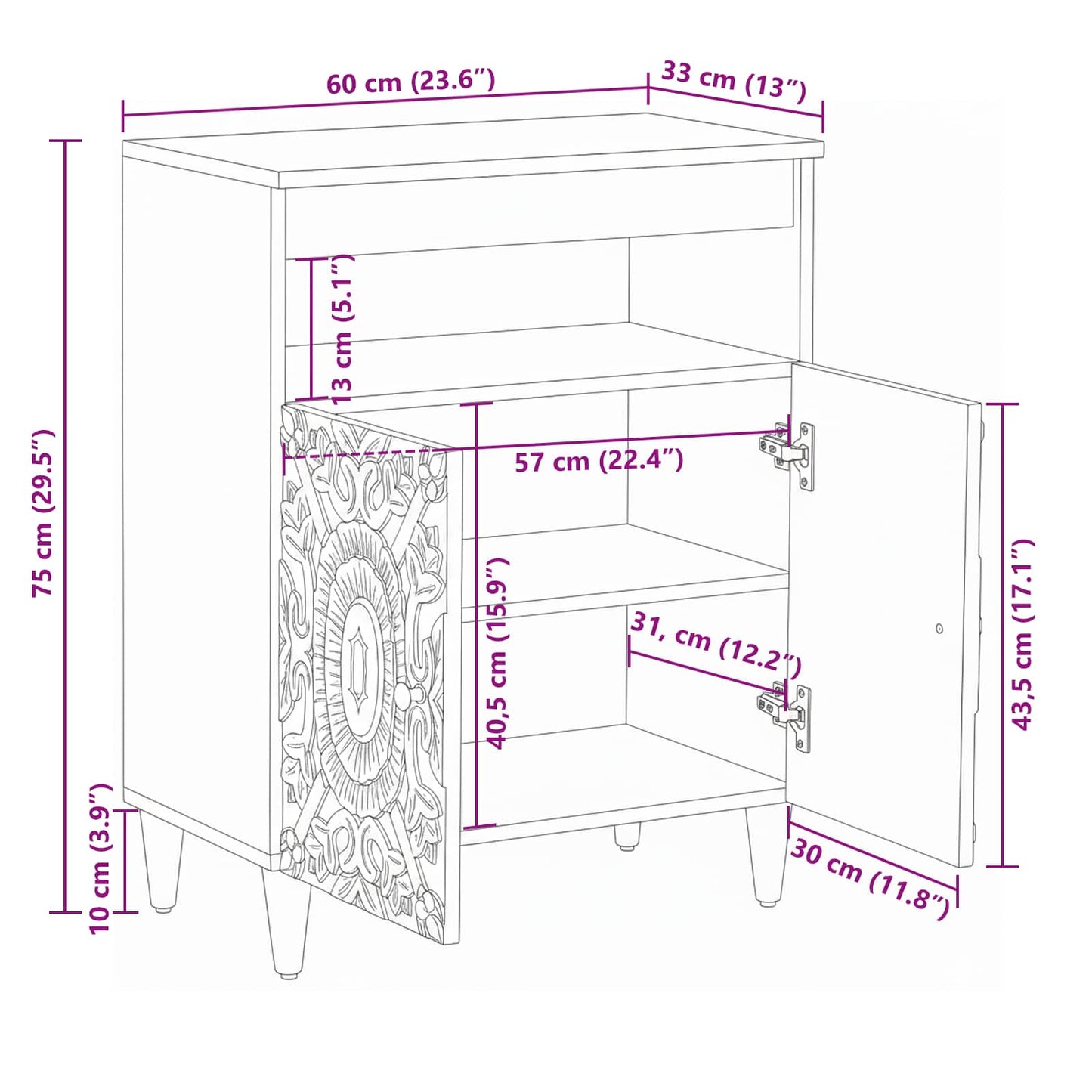 vidaXL Sideboard with Storage White 60 x 33.5 x 75 cm Solid Mango Wood