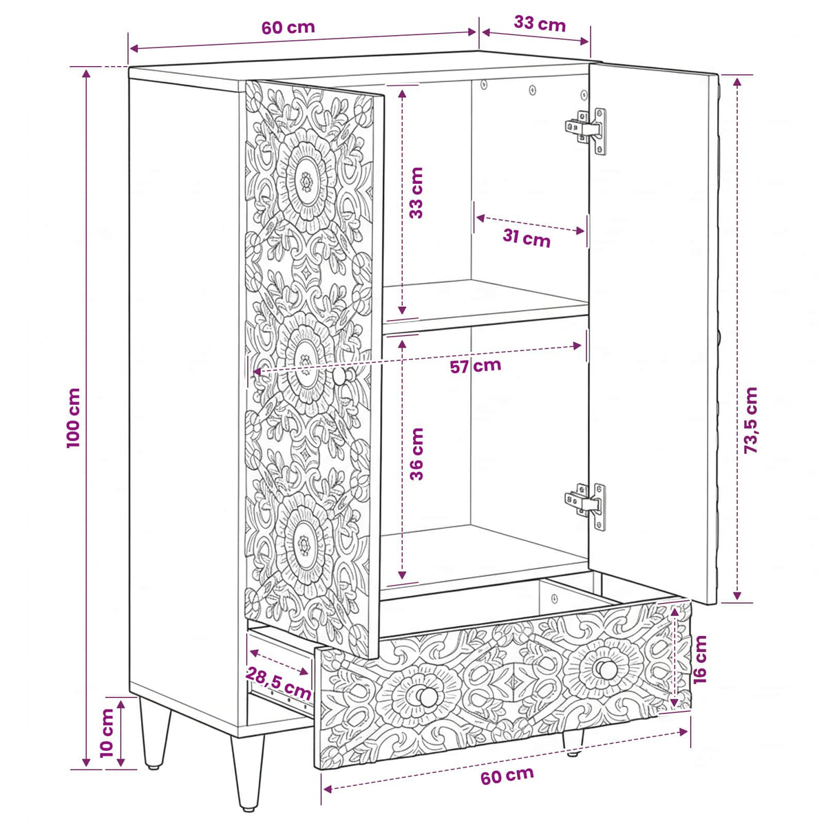 vidaXL High Board with Shelf White 60 x 33.5 x 100 cm Solid Mango Wood