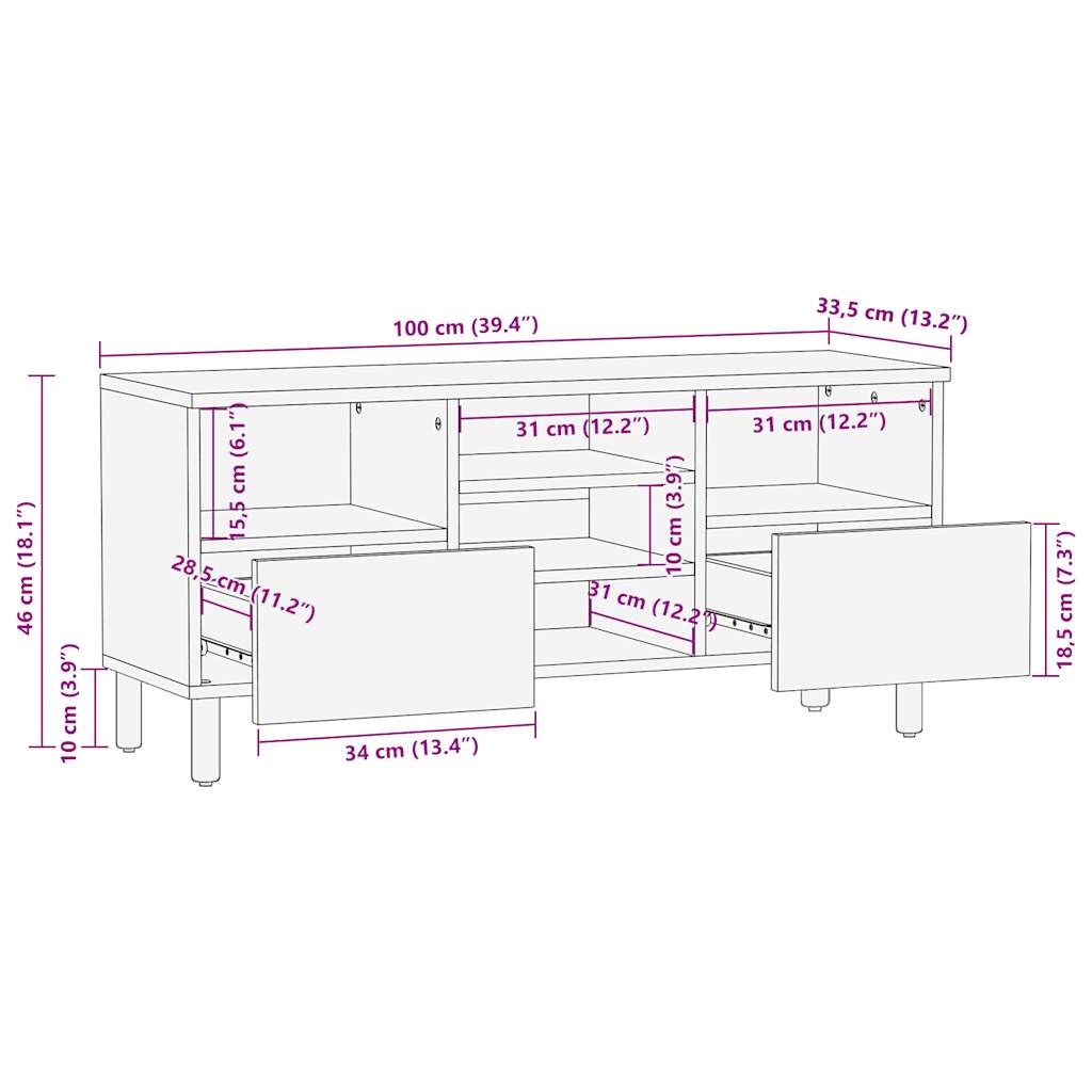vidaXL TV Cabinet Black 100x33.5x46 cm Solid Rough Wood Mango