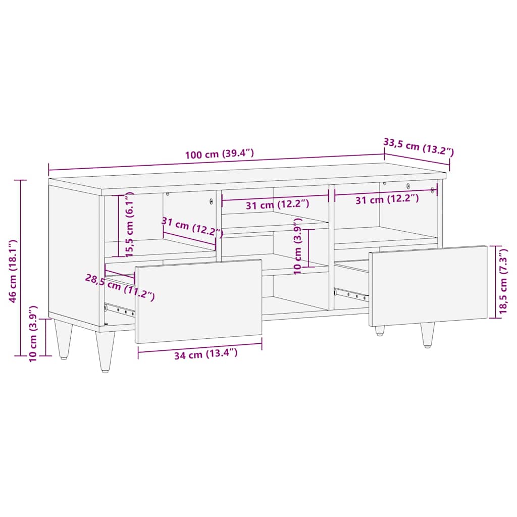 vidaXL TV Cabinet 100x33.5x46 cm Solid Wood Mango