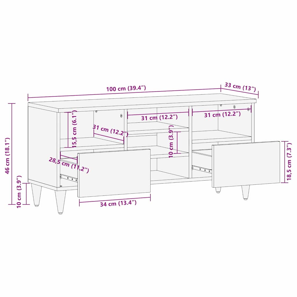 vidaXL TV Cabinet Honey Brown 100 x 33 x 46 cm Solid Mango Wood