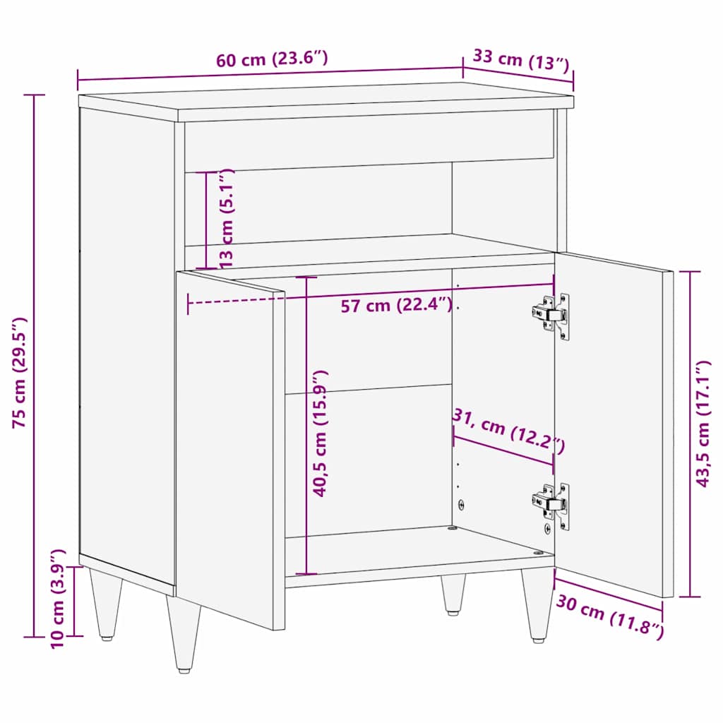 vidaXL Sideboard with Shelf Brown 60 x 33 x 75 cm Solid Mango Wood