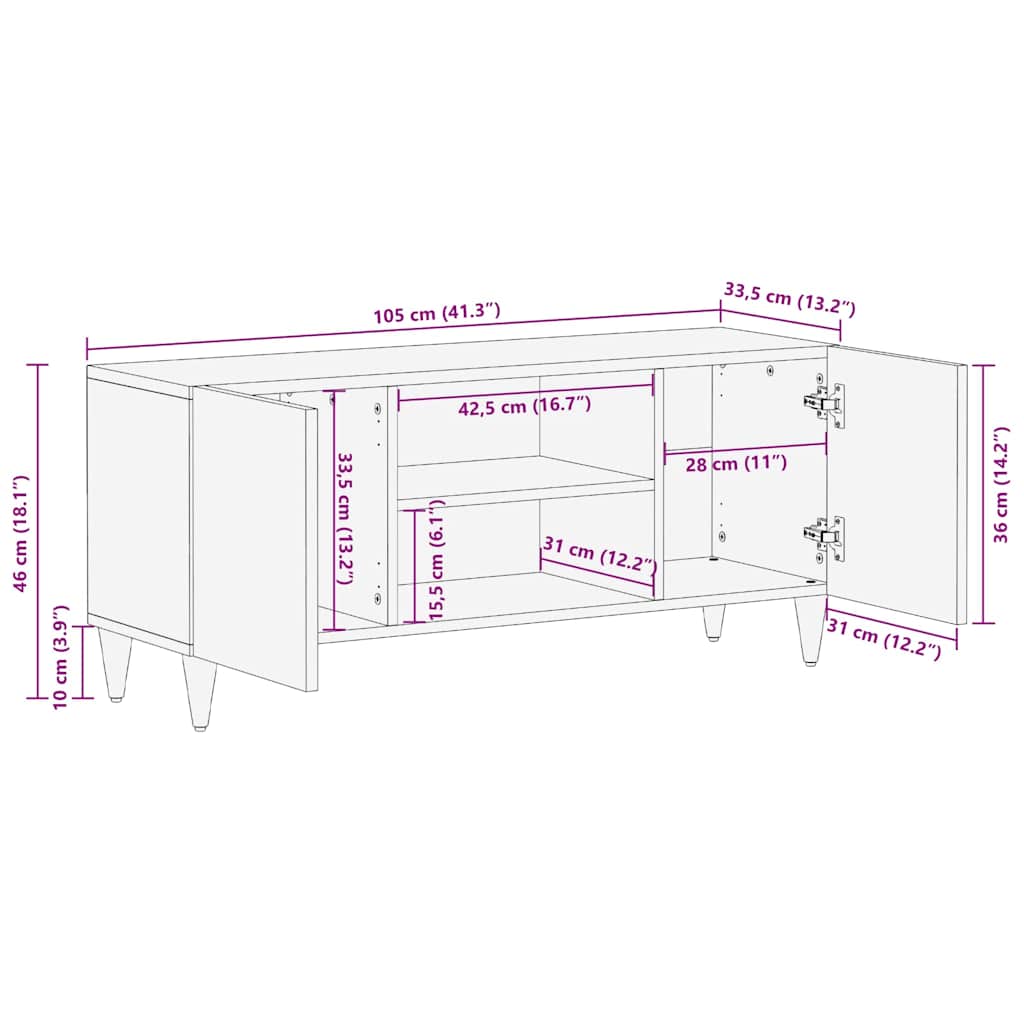 vidaXL TV Cabinet with Shelf Brown 105 x 33.5 x 46 cm Solid Mango Wood