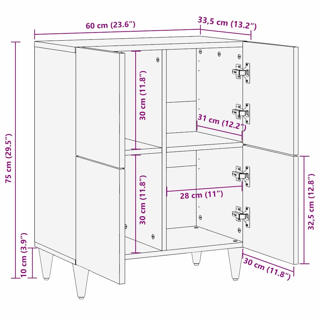 vidaXL Sideboard Brown 60 x 33.5 x 75 cm Solid Mango Wood