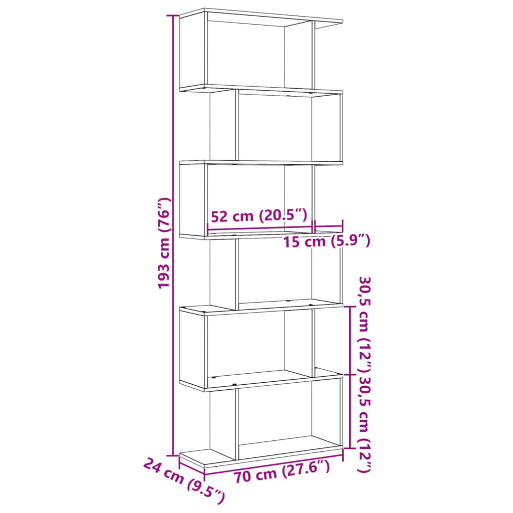 vidaXL Room Divider Bookcase 6-Tier Grey Sonoma 70x24x193 cm Engineered Wood