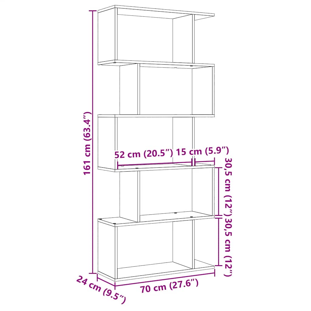 vidaXL Room Divider Bookcase 5-Tier Smoked Oak 70x24x161 cm Engineered Wood