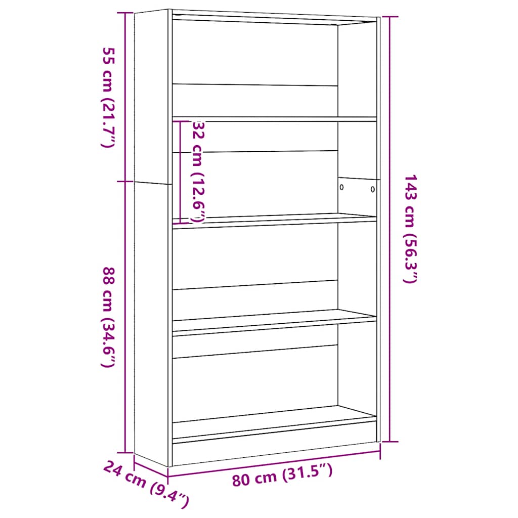 vidaXL Bookcase Smoked Oak 80x24x143 cm Engineered Wood