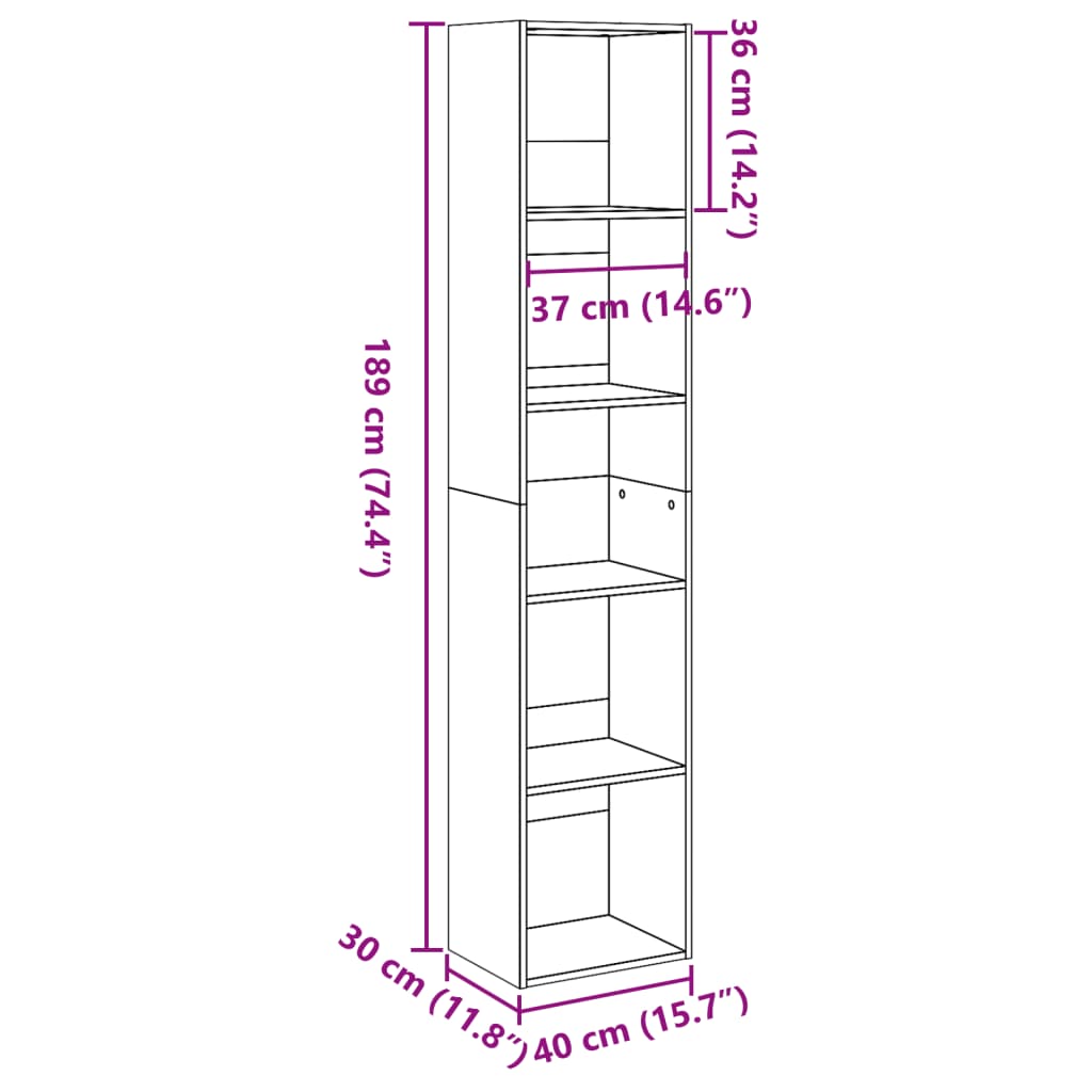 vidaXL Bookcase Grey Sonoma 40x30x189 cm Engineered Wood