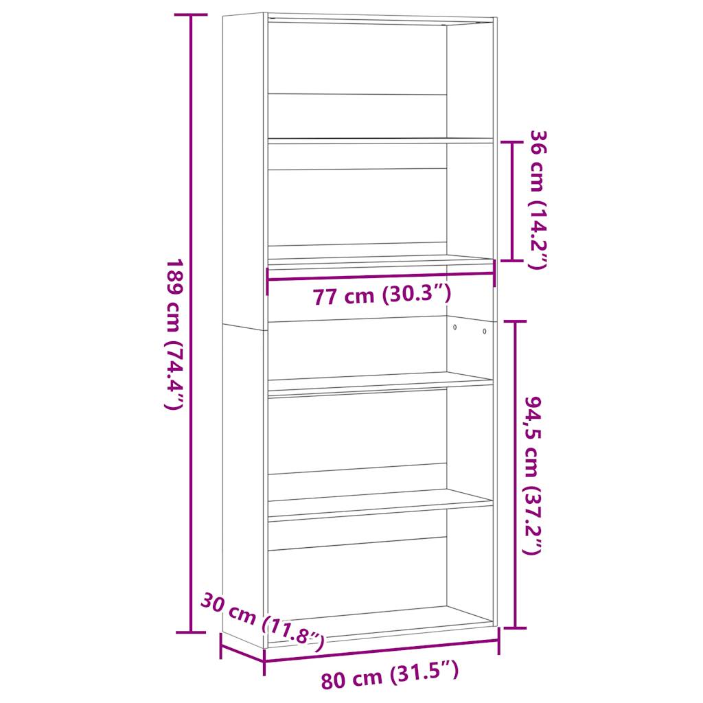 vidaXL Book Cabinet Sonoma Oak 80x30x189 cm Engineered Wood