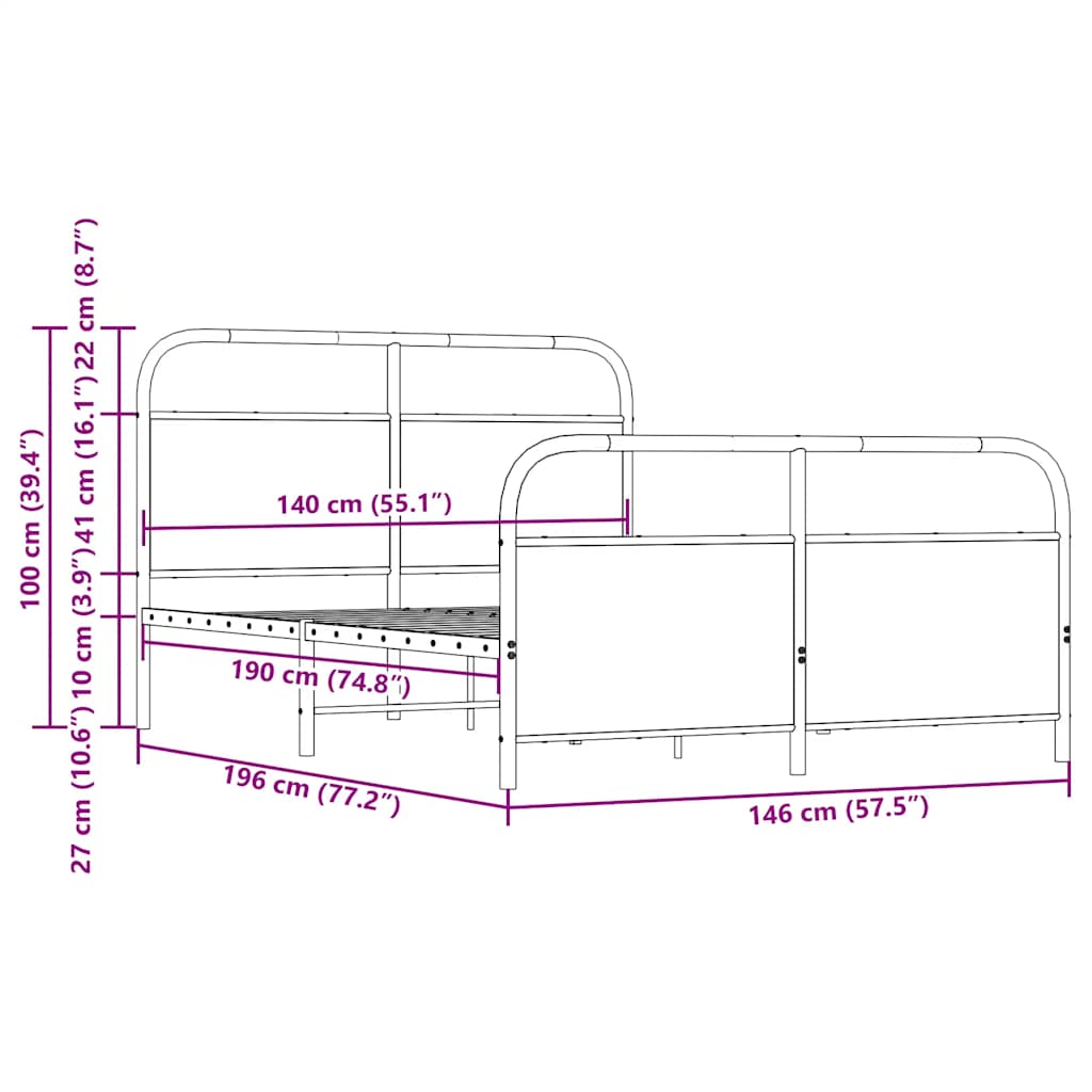 vidaXL Metal Bed Frame without Mattress Brown Oak 140x190 cm