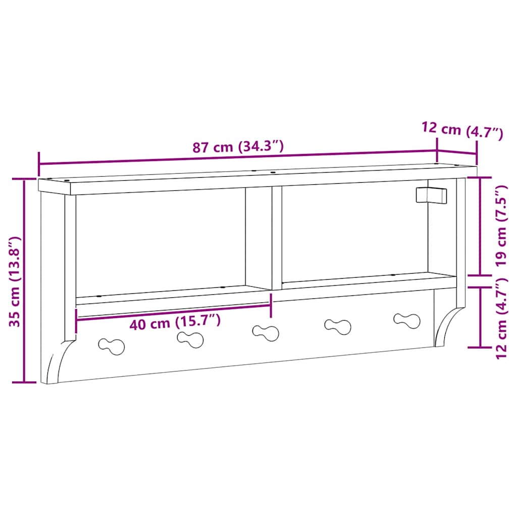 vidaXL Wall-mounted Coat Rack "SANDNES" 87x12x35 cm Solid Wood Pine