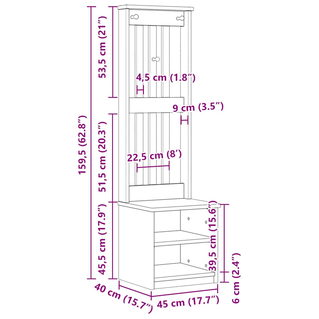 vidaXL Hall Tree SANDNES White 45x40x159.5 cm Solid Wood Pine