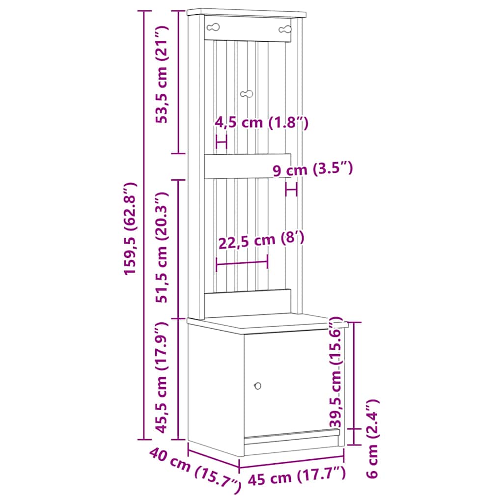 vidaXL Hall Tree SANDNES 45x40x159.5 cm Solid Wood Pine
