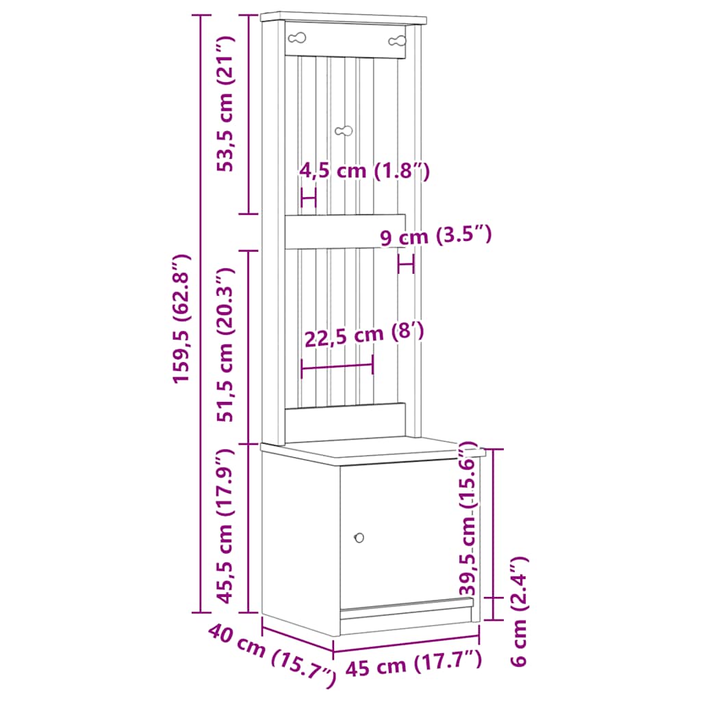 vidaXL Hall Tree SANDNES 45x40x159.5 cm Solid Wood Pine