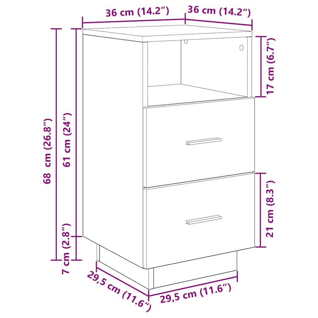 vidaXL Bedside Cabinet with 2 Drawers Black 36x36x68 cm