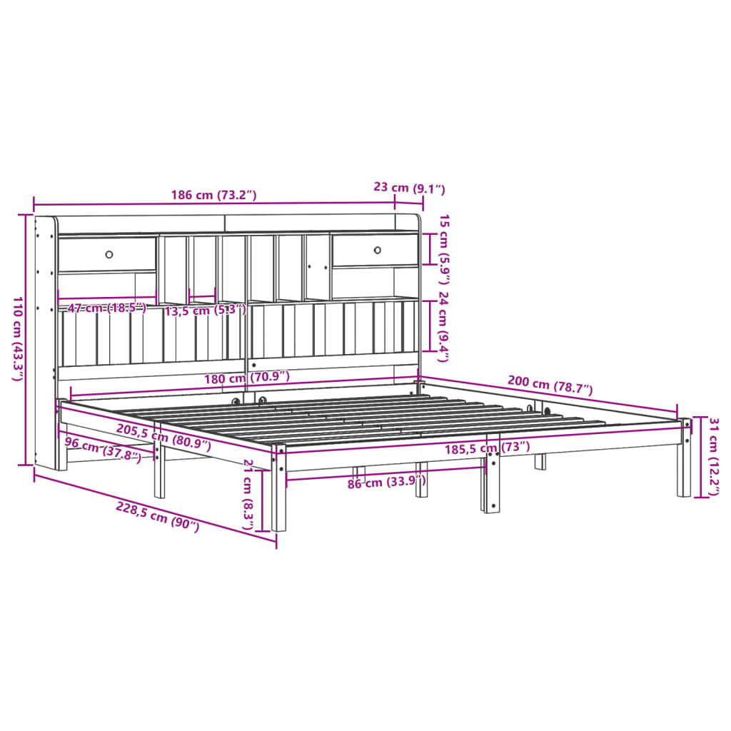 vidaXL Bookcase Bed without Mattress 180x200 cm Super King Solid Wood Pine