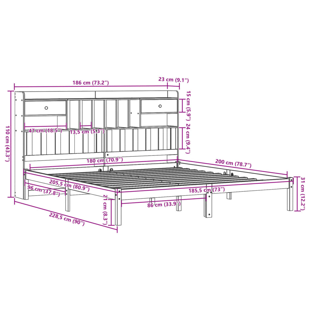 vidaXL Bookcase Bed without Mattress White 180x200 cm Super King Solid Wood Pine