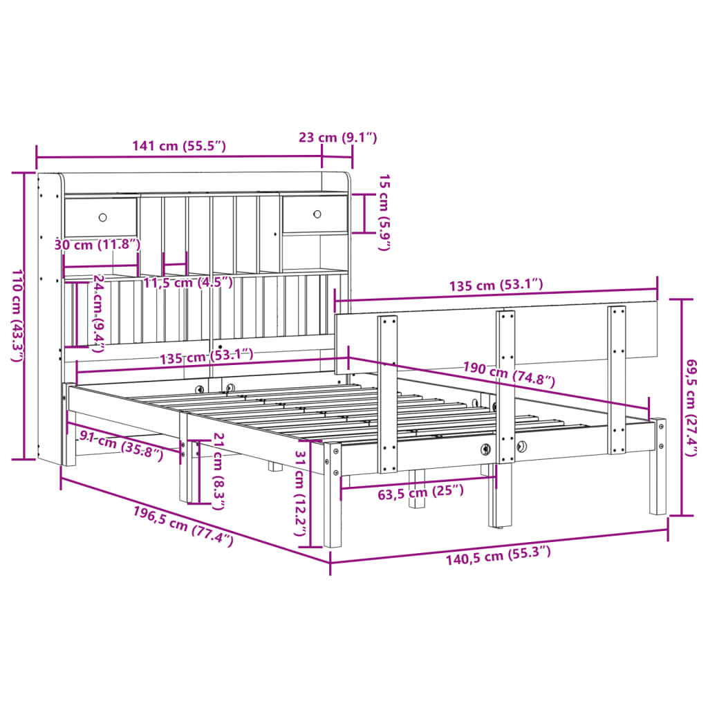 vidaXL Bookcase Bed without Mattress White 135x190 cm Double Solid Wood Pine