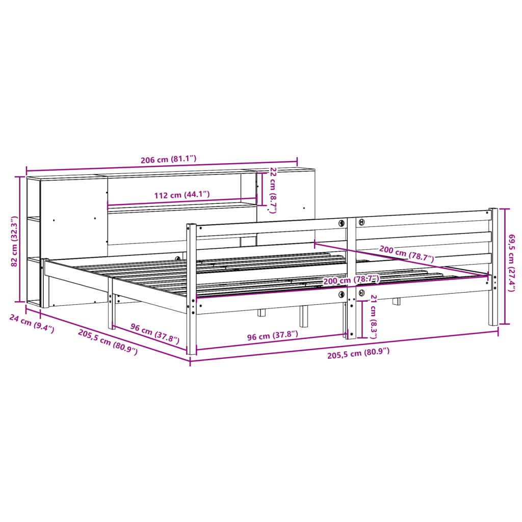 vidaXL Bookcase Bed without Mattress Wax Brown 200x200 cm Solid Wood Pine