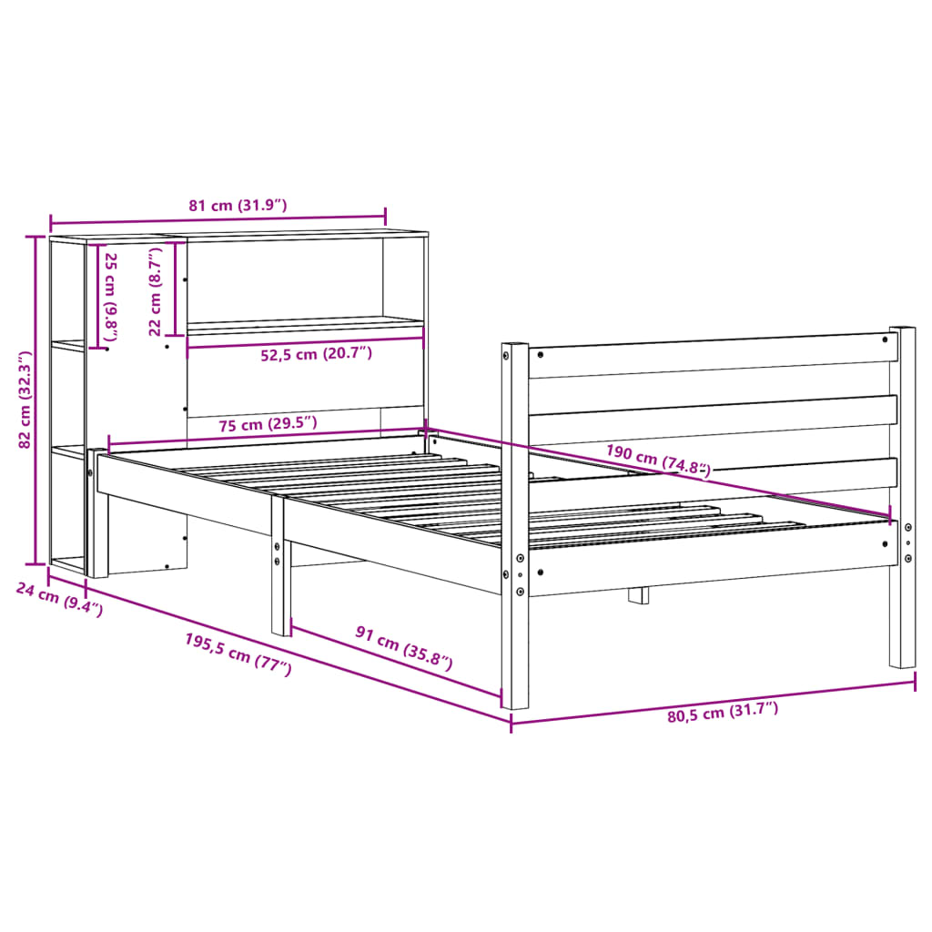 vidaXL Bookcase Bed without Mattress 75x190 cm Small Single Solid Wood Pine