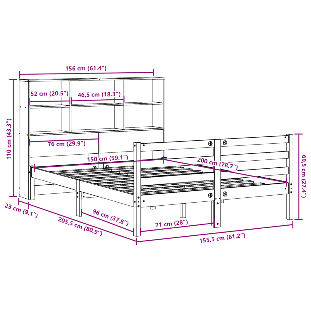 vidaXL Bookcase Bed without Mattress Wax Brown 150x200 cm King Size Solid Wood