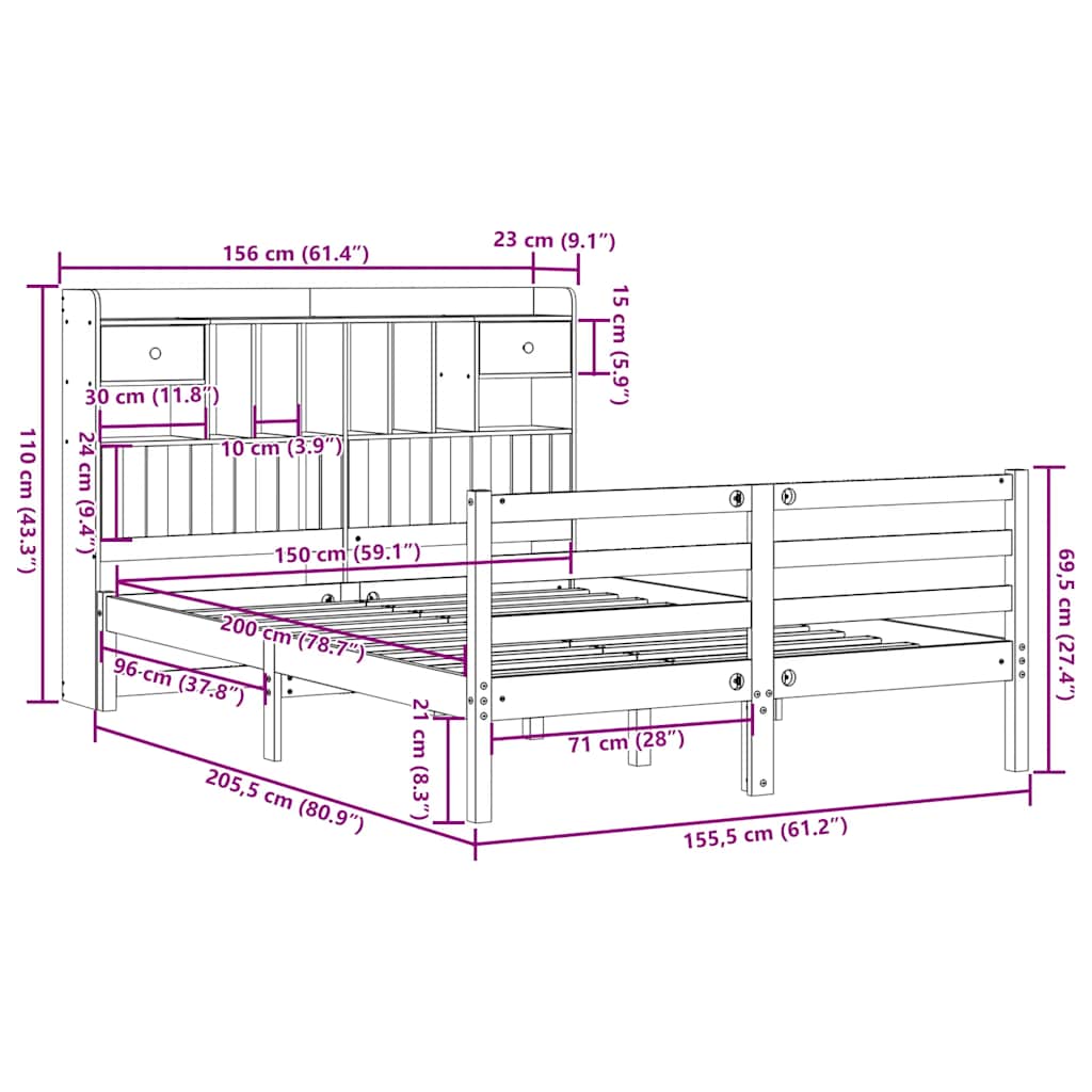 vidaXL Bookcase Bed without Mattress White 150x200 cm King Size Solid Wood Pine