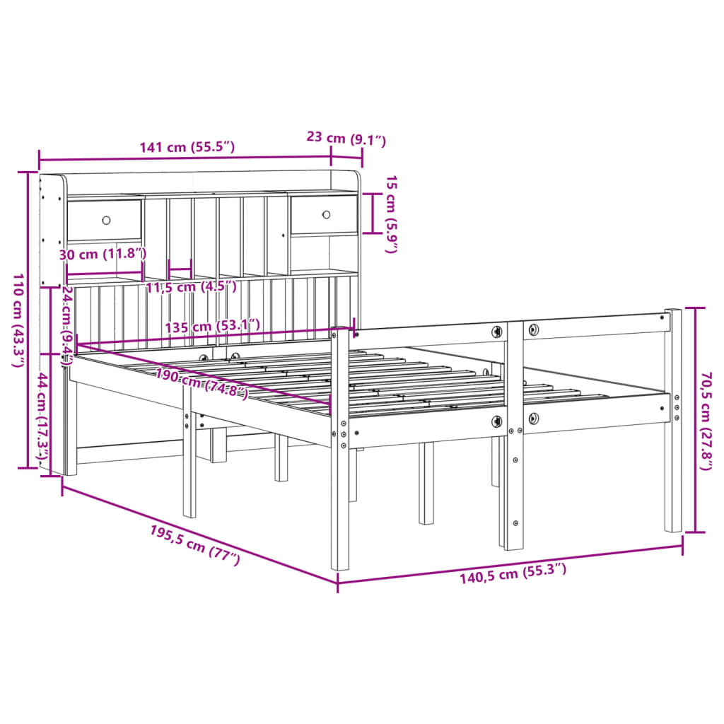vidaXL Bookcase Bed without Mattress 135x190 cm Doouble Solid Wood Pine