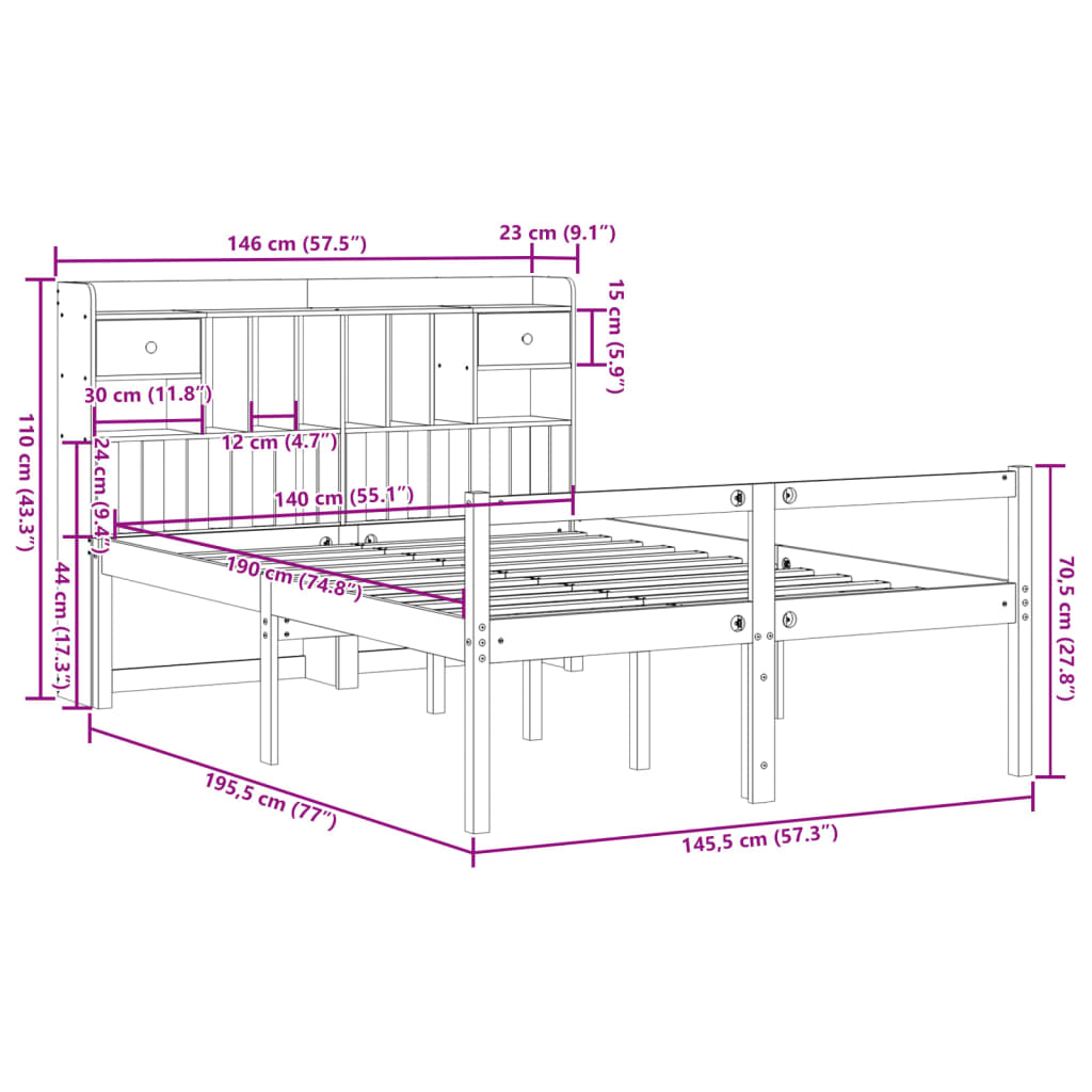 vidaXL Bookcase Bed without Mattress White 140x190 cm Solid Wood Pine