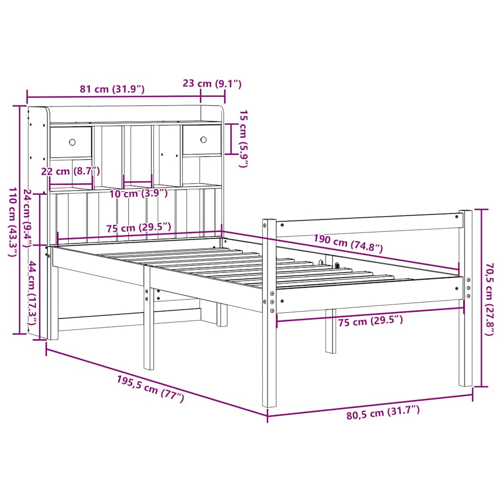 vidaXL Bookcase Bed without Mattress Wax Brown 75x190 cm Small Single Solid Wood Pine