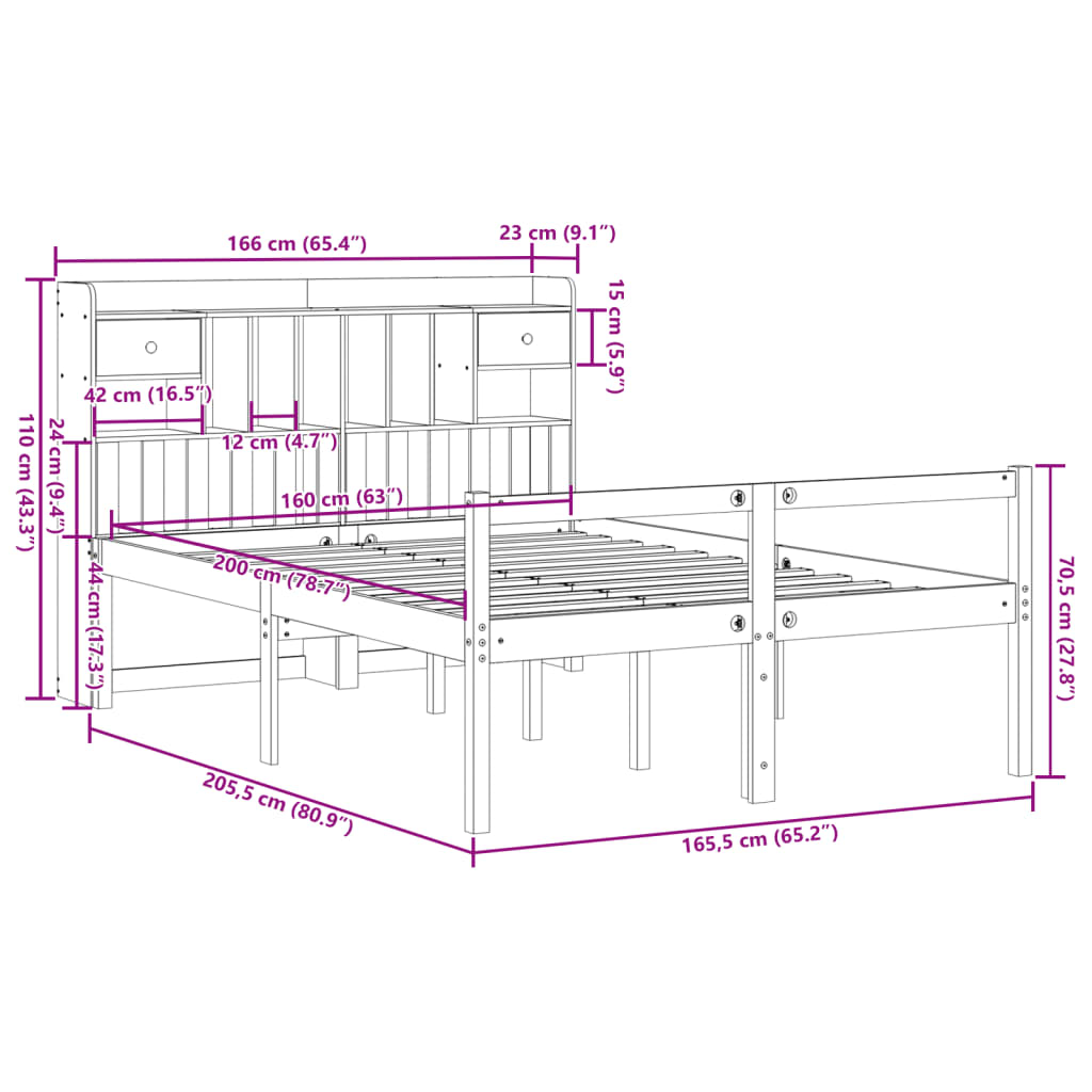 vidaXL Bookcase Bed without Mattress Wax Brown 160x200cm Solid Wood Pine