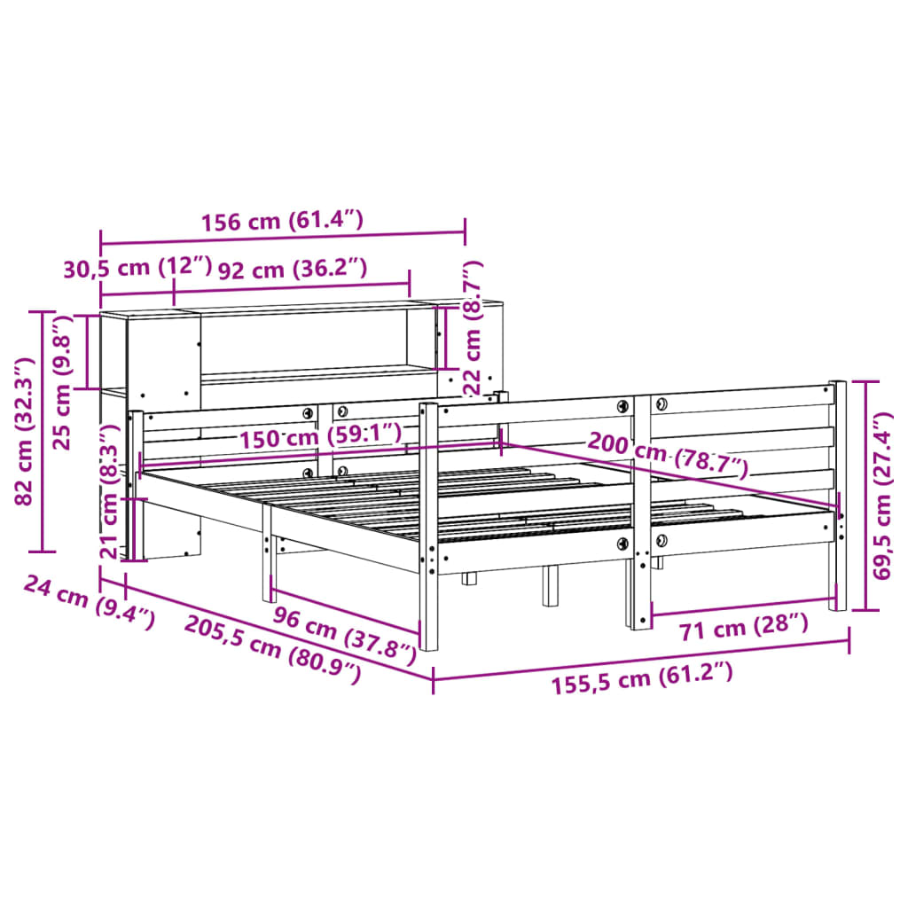 vidaXL Bookcase Bed without Mattress White 150x200 cm King Solid Wood Pine