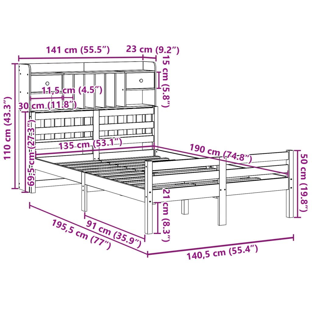 vidaXL Bookcase Bed without Mattress 135x190 cm Double Solid Wood Pine