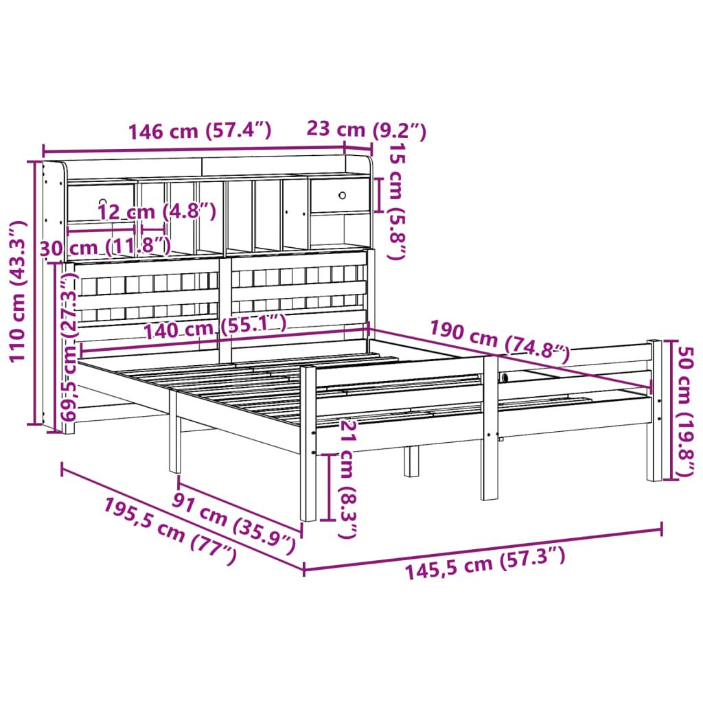 vidaXL Bookcase Bed without Mattress 140x190cm Solid Wood Pine