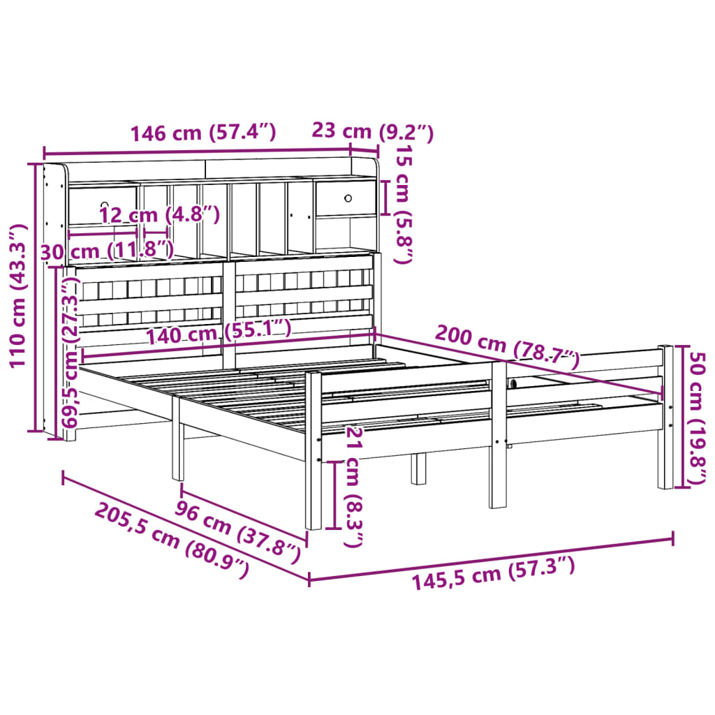 vidaXL Bookcase Bed without Mattress 140x200cm Solid Wood Pine