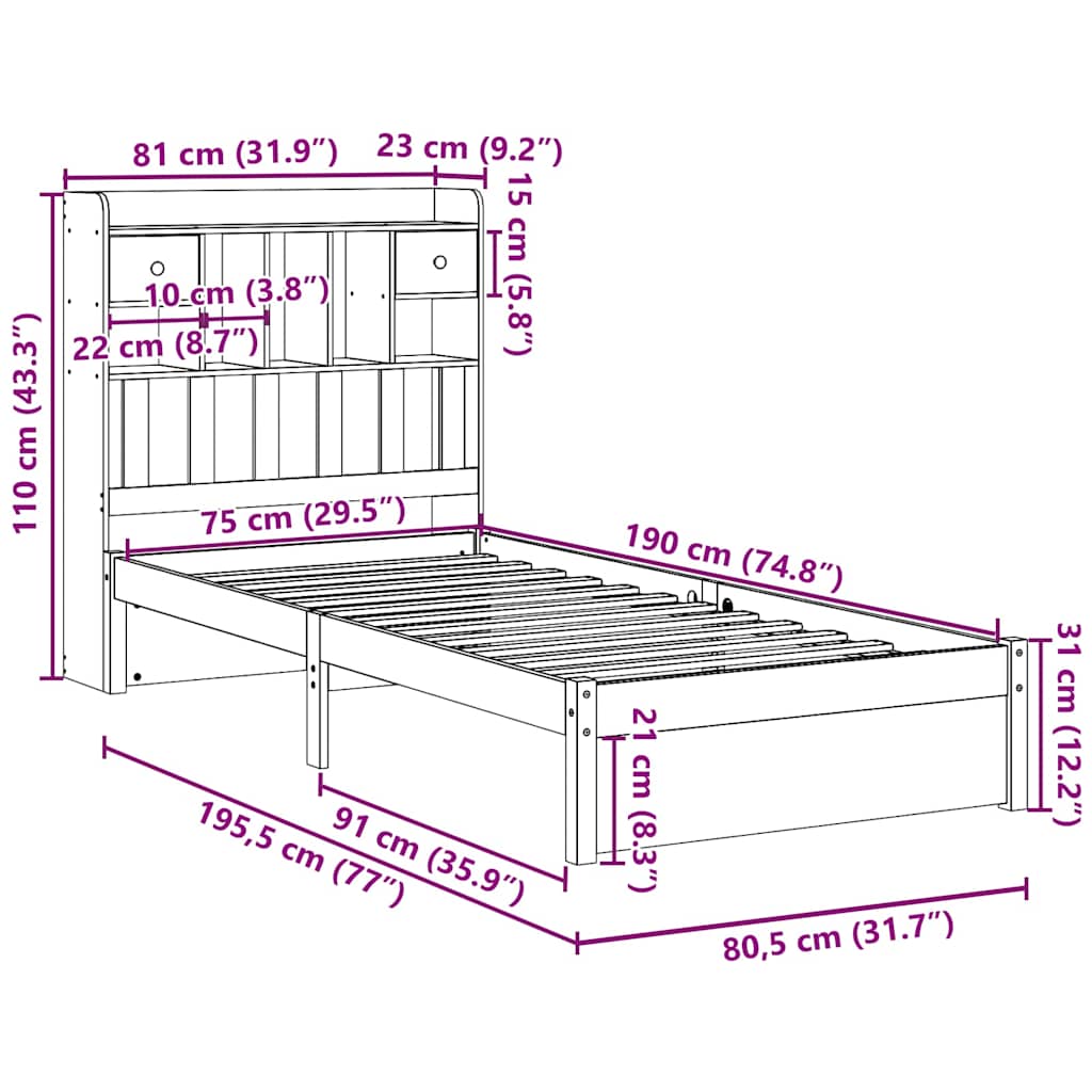 vidaXL Bookcase Bed without Mattress White 75x190cm Solid Wood Pine