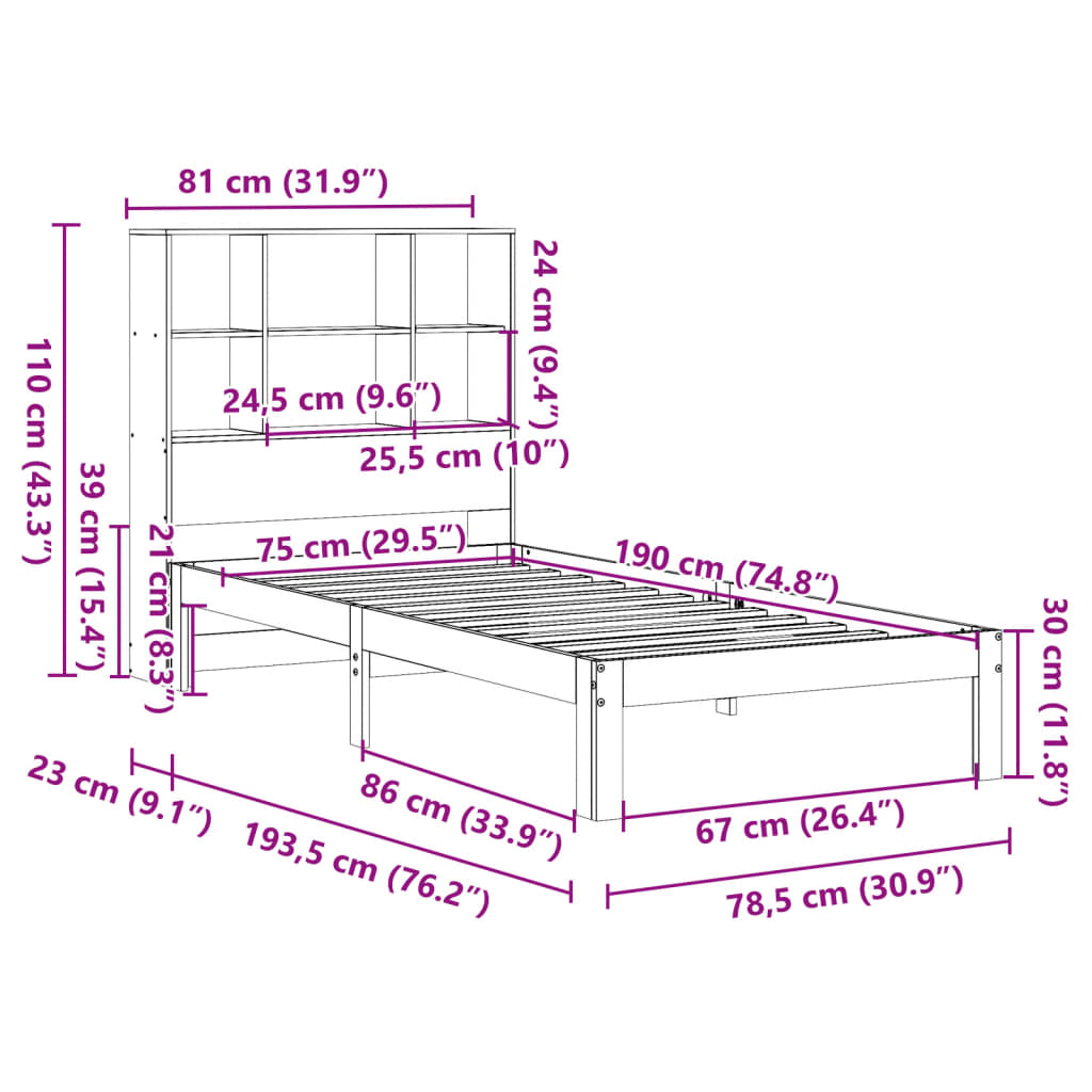 vidaXL Bookcase Bed without Mattress Wax Brown 75x190 cm
