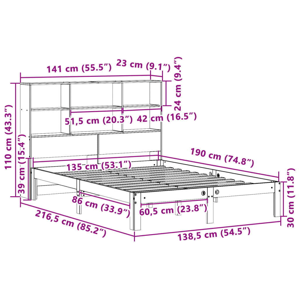 vidaXL Bookcase Bed without Mattress Wax Brown 135x190 cm Doouble Solid Wood Pine