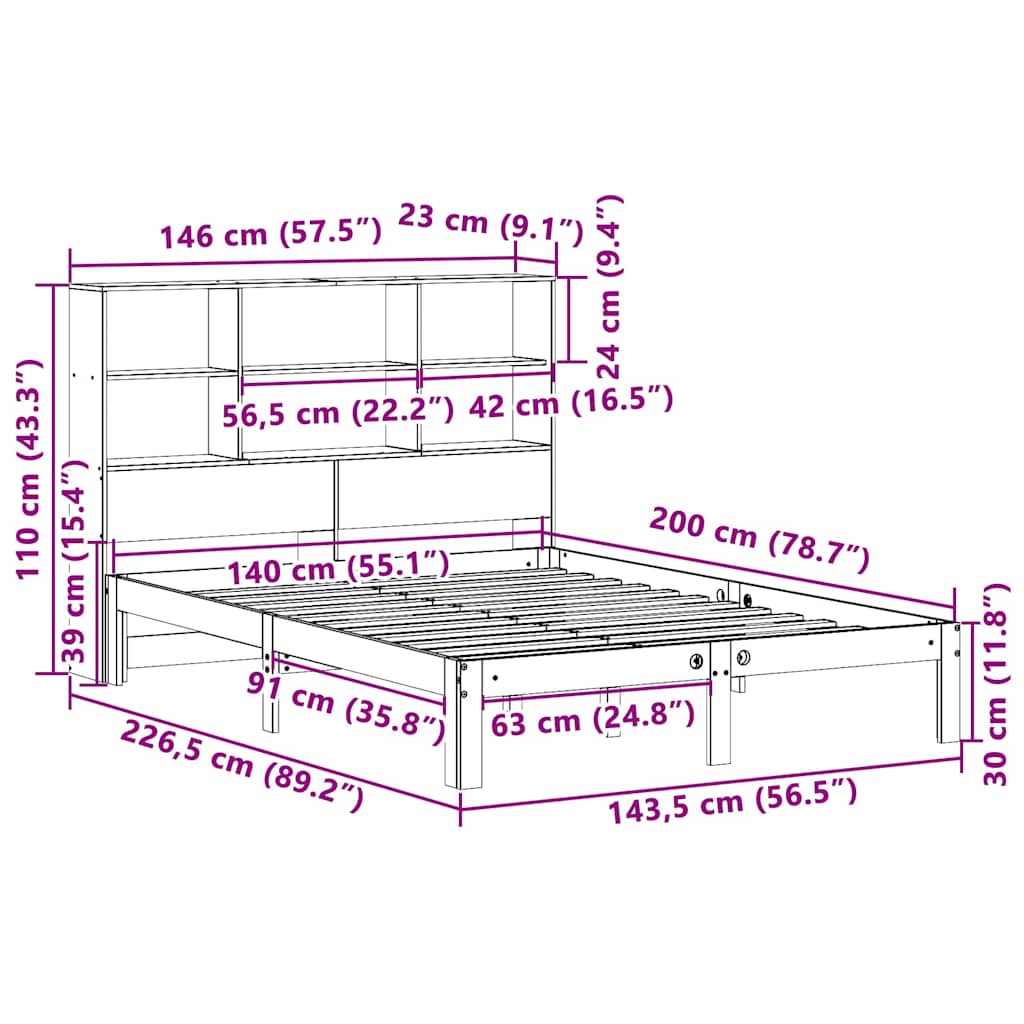 vidaXL Bookcase Bed without Mattress Wax Brown 140x200cm Solid Wood Pine